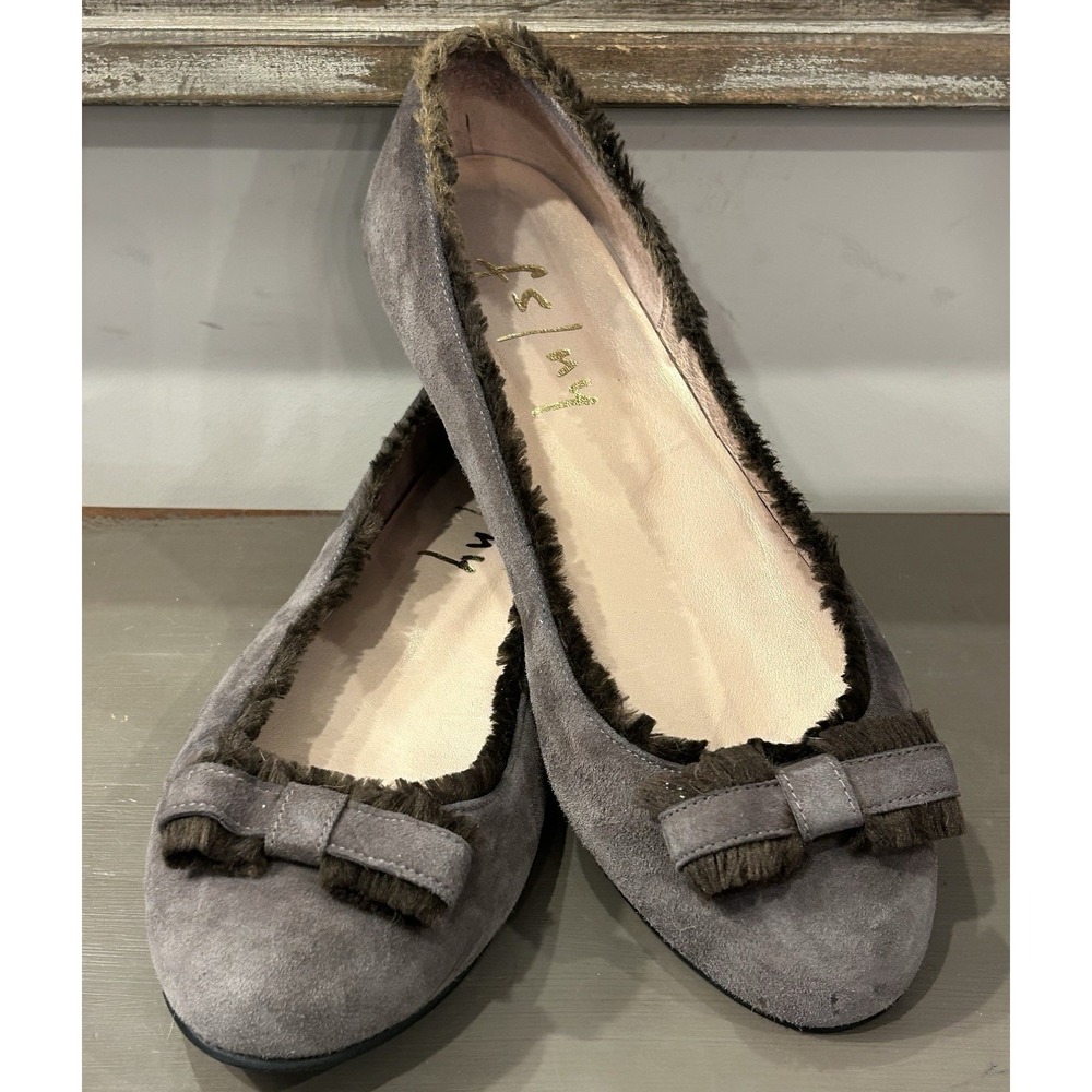 FS/NY French Sole Ballet Flats Taupe Gray Suede Brown Fur Trim Bow Womens Sz 7.5